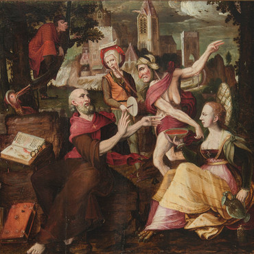 Hieronymus Bosch Nachfolge (2. Hälfte 16. Jh.), "Die Versuchung des Hl. Antonius", 37 x 39 cm, Erlös: 17.300,-
